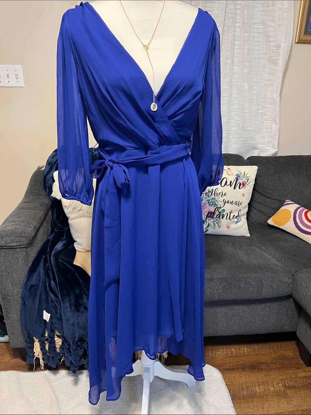 DKNY Cobalt Blue Long Sleeve Wrap Midi Dress